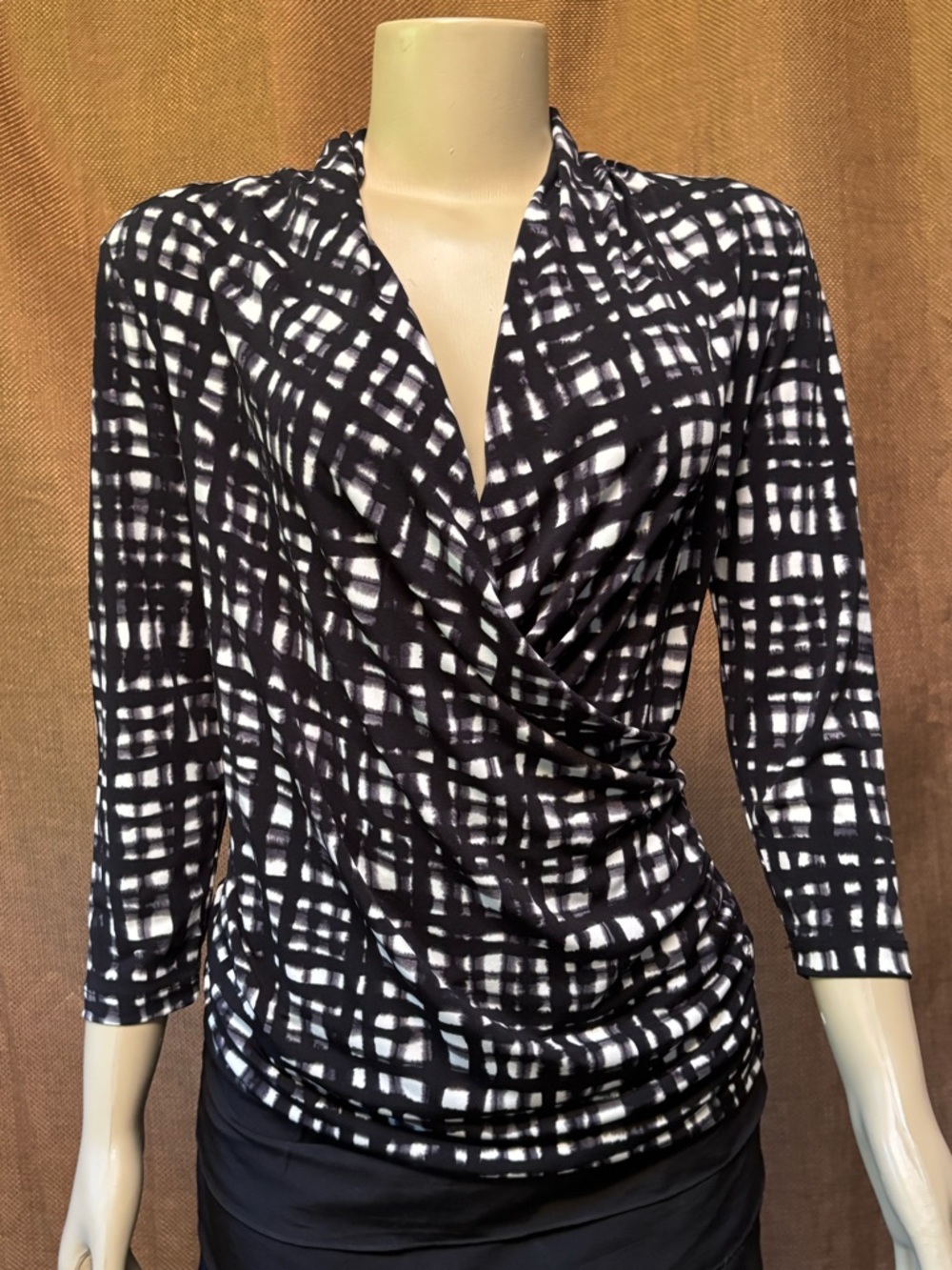 Chaus Black & White Draped Wrap-Front Long Sleeve Top
